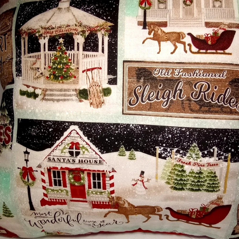 Christmas Red Truck Sleigh Village Pine Trees Snow Flakes Pillow 15